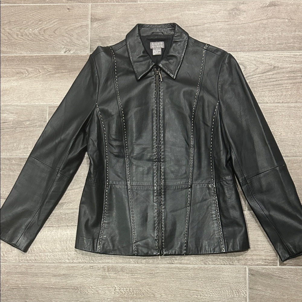 Sigrid Olsen Genuine Classic Black Leather Jacket Size 8 – Lined, Made in India